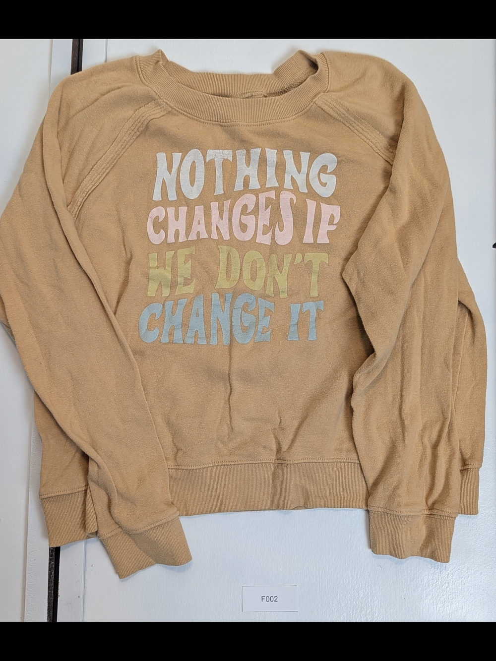Grayson Threads Camel Crewneck Sweater with Pastel Slogan